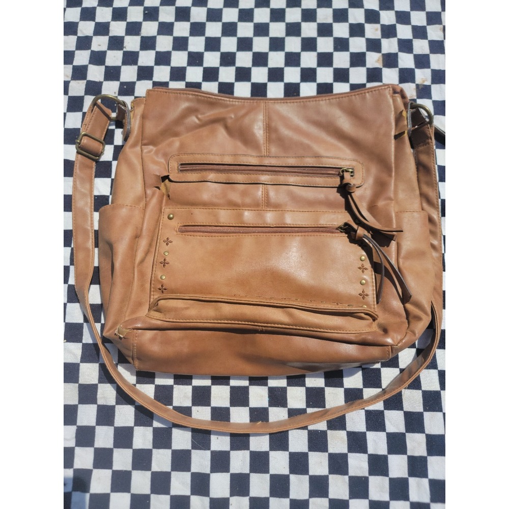 Tan Faux Leather Vinyl Crossbody Shoulder Bag Floral Lining Distressed AS‎ IS